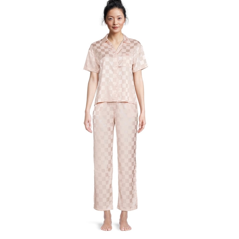 LISSOME WOMEN’S SATIN CHECKERED BOXY CROP TOP AND PANTS SLEEP SET